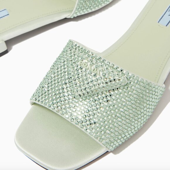 Prada Satin Crystal Embellished Acqua Slide Mules Sandals 37.5, 1XX642 NEW - Picture 10 of 16